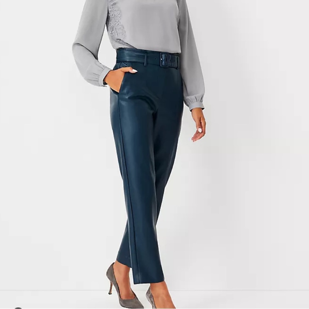 The Petite Belted Taper Pant in Faux Leather